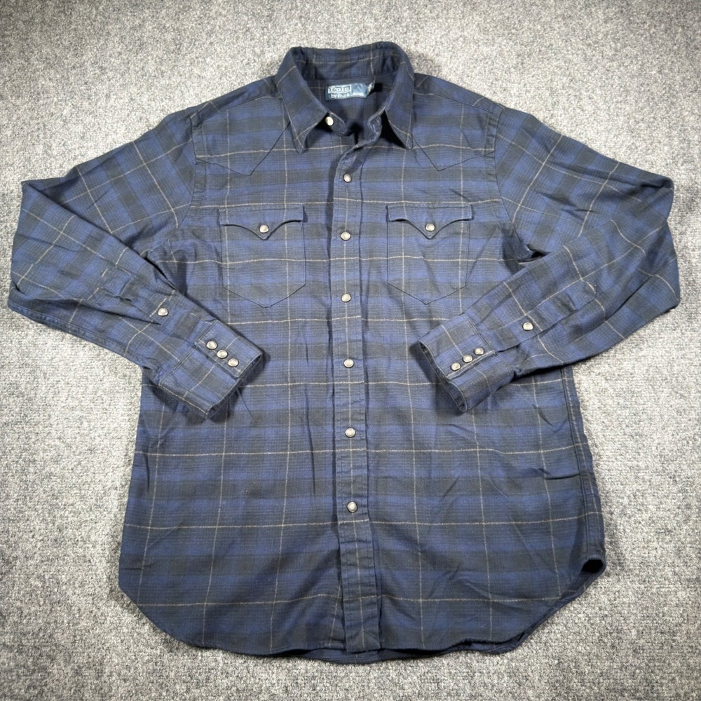Polo Ralph Lauren Western Shirt Mens L Blue Black Plaid Pearl Snap Cowboy